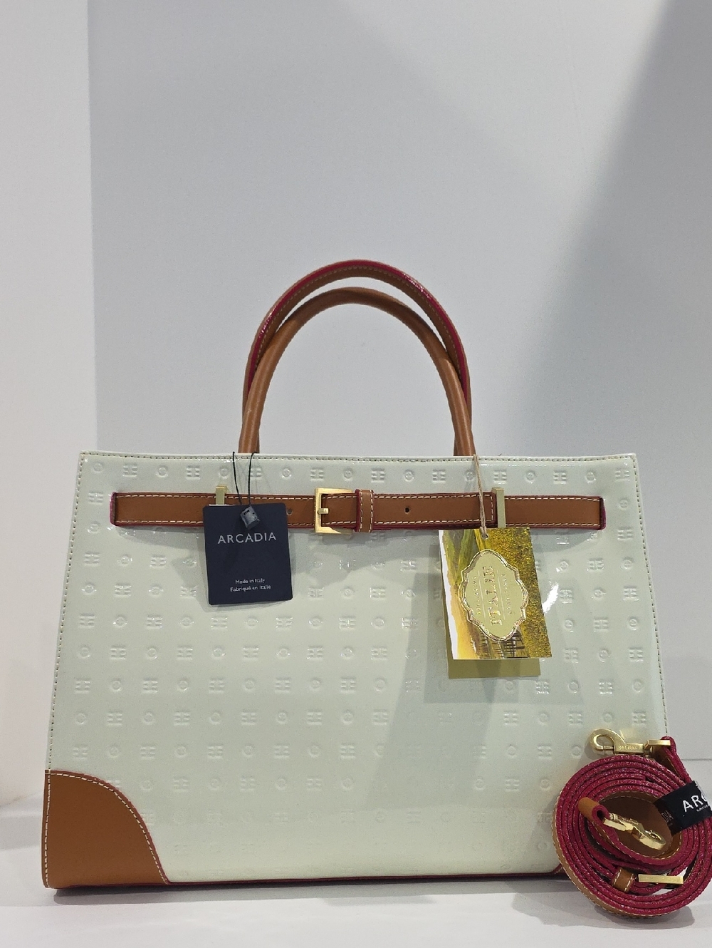 NWT ✅ ARCADIA  Elira Patent Leather Large Tote Bag Belted Design  #1578⭐ NWT
